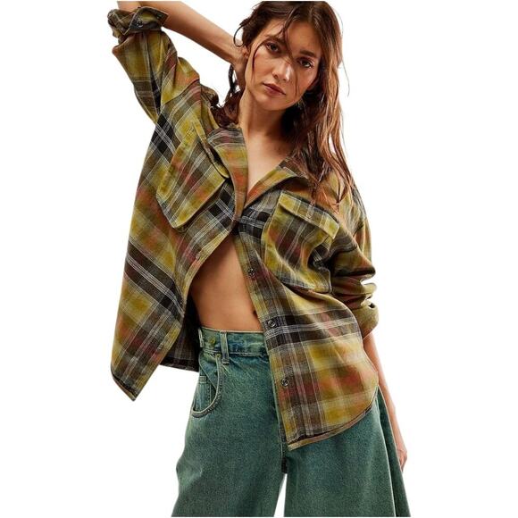 We The Free Izzy Cargo Jacket in Olive Combo, L, Plaid, Grunge, 90s, Flannel - Picture 1 of 10